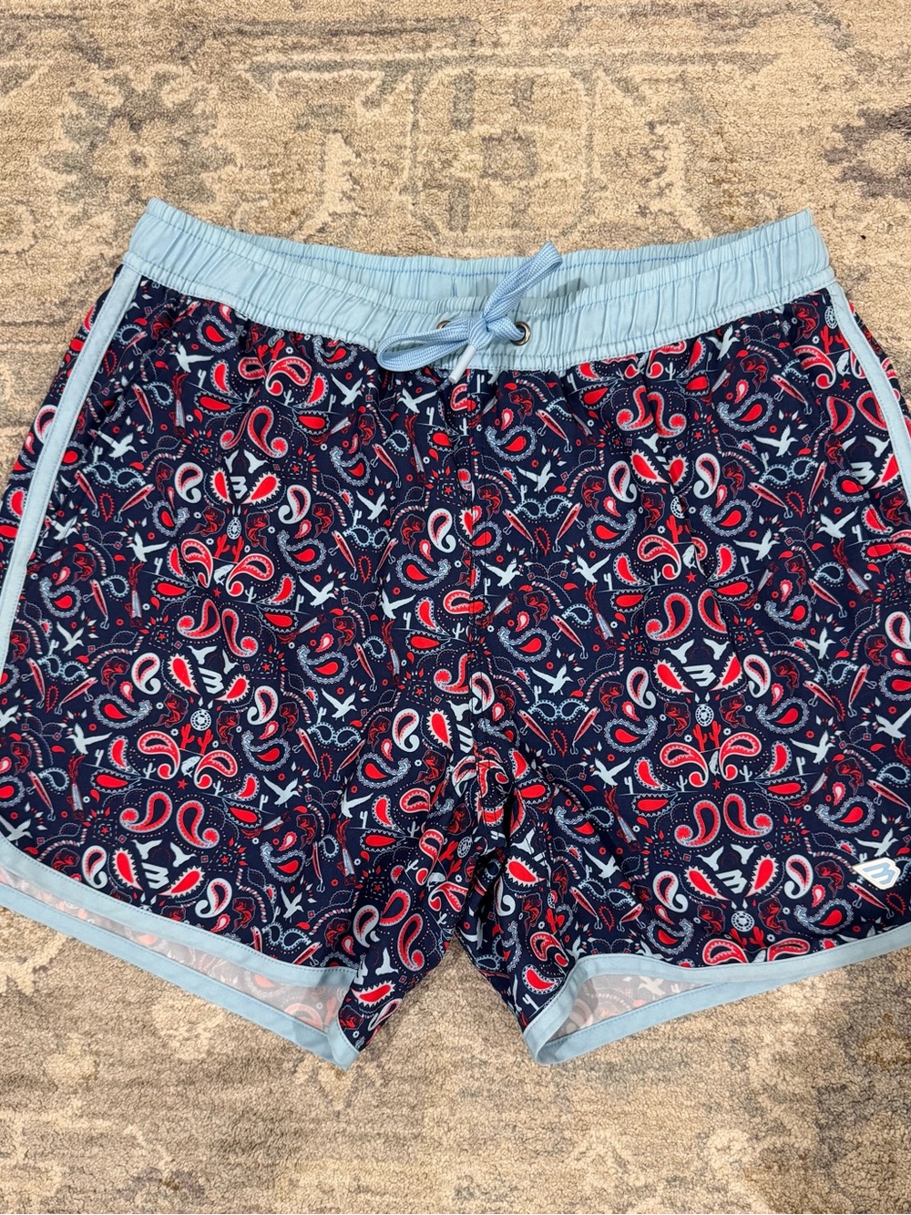 BURLEBO 5” Navy Paisley Swim Trunks with Light Blue Trim